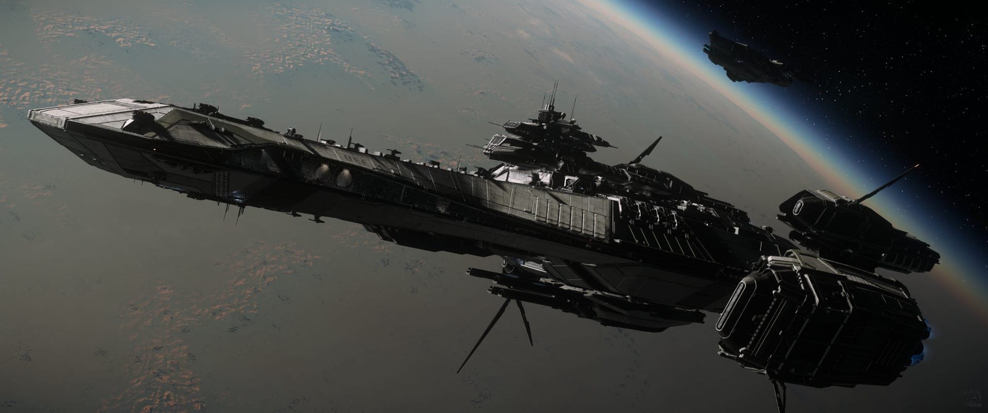 A UEE Bengal carrier in orbit high above a planet