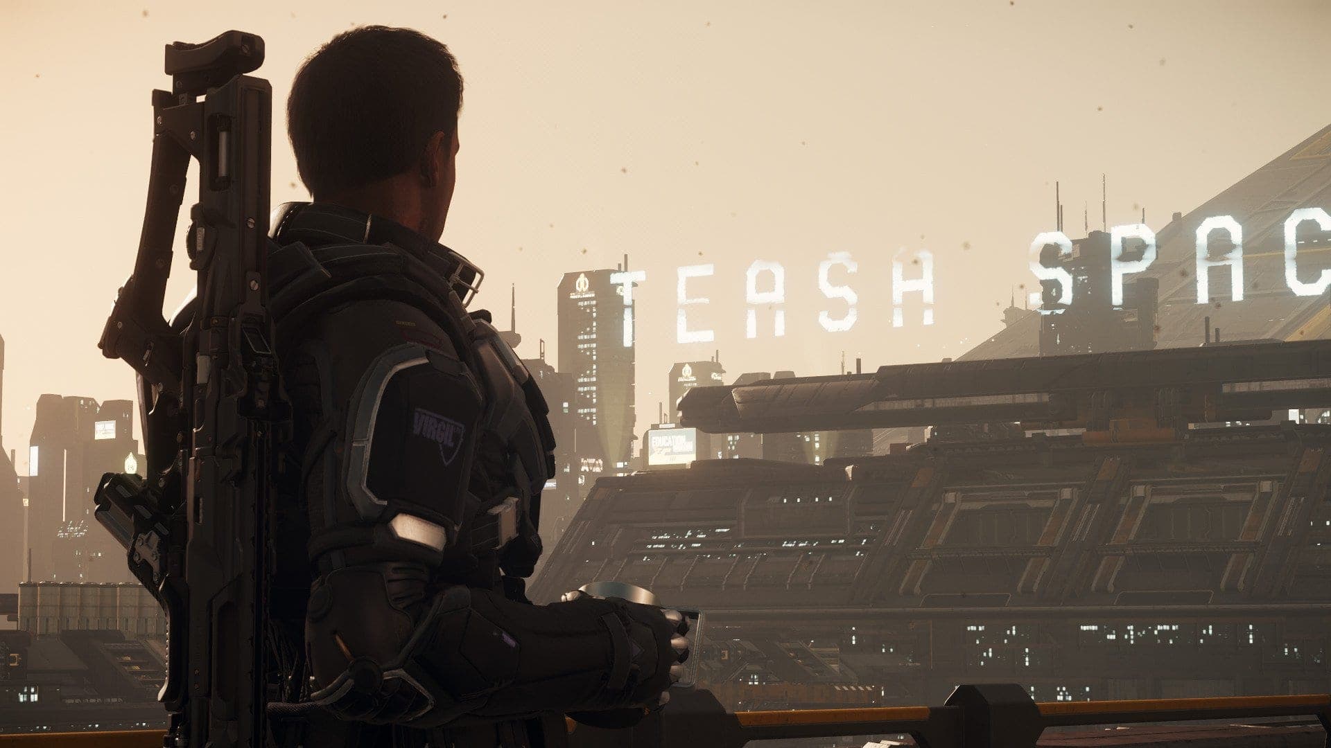 An armored trooper overlooking a Star Citizen city skyline