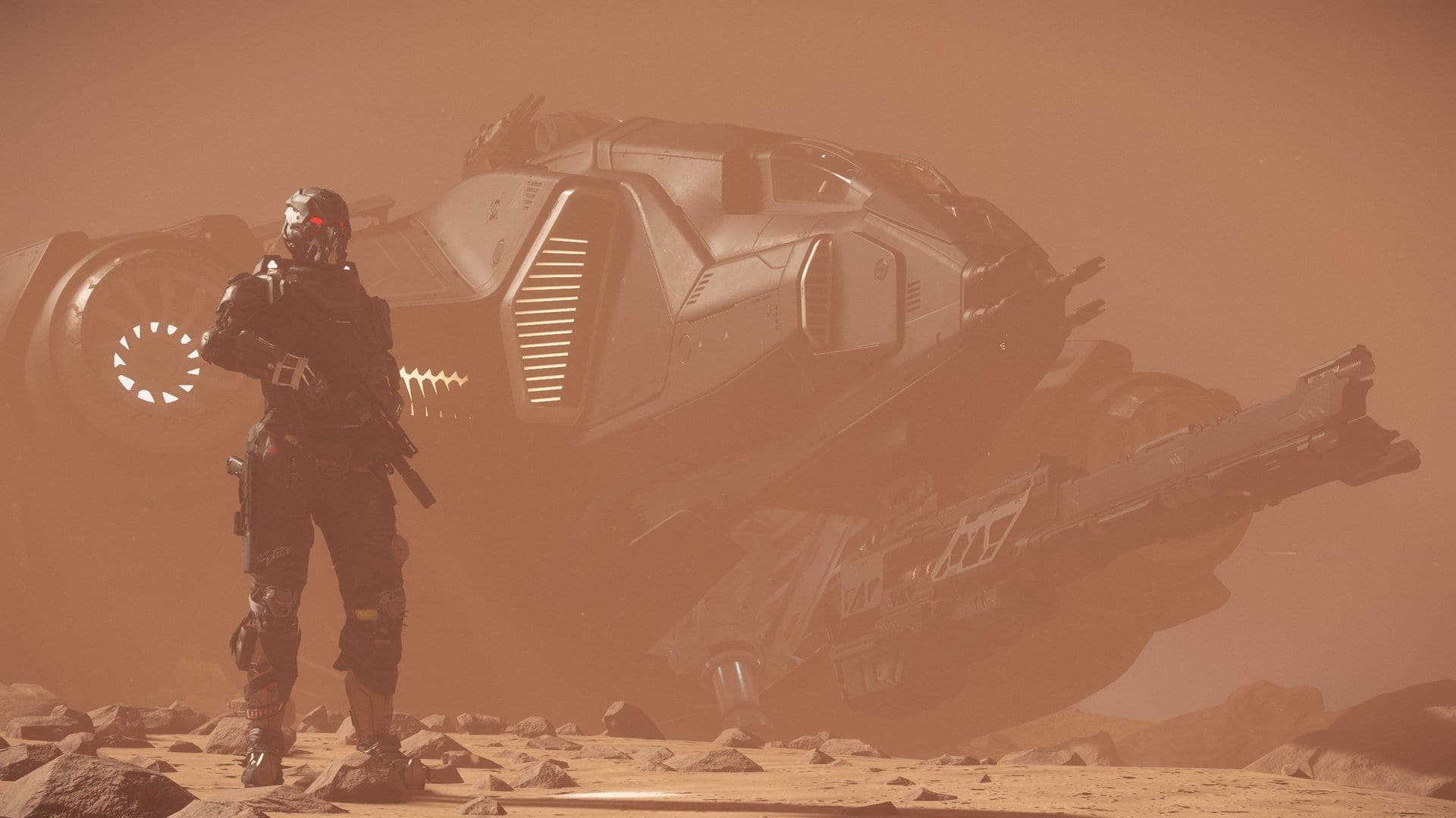 A pilot beside a ship in an orange desert dust storm