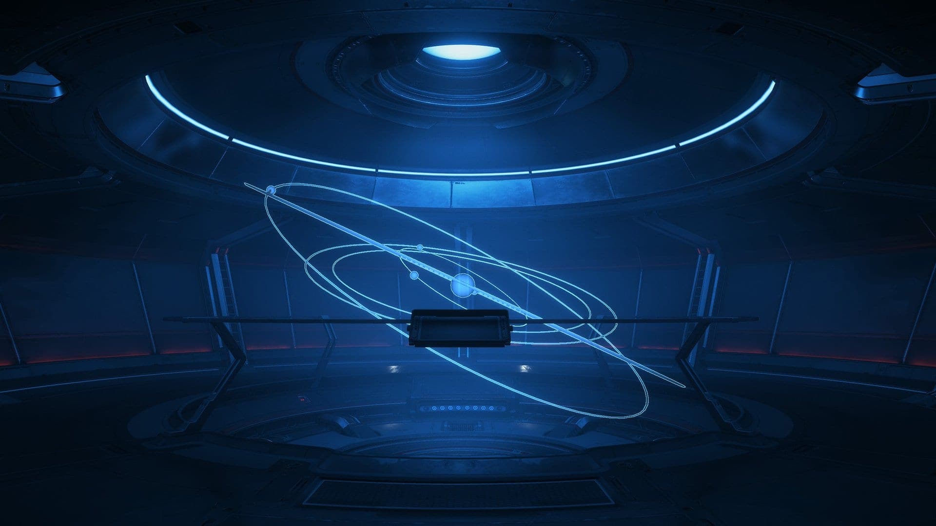 A glowing blue orbital hologram inside a space station