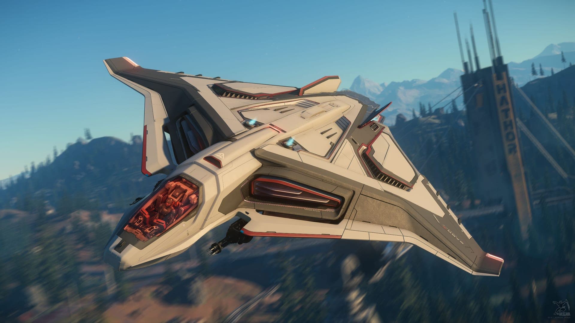 A Sabre fighter banking over a green planet