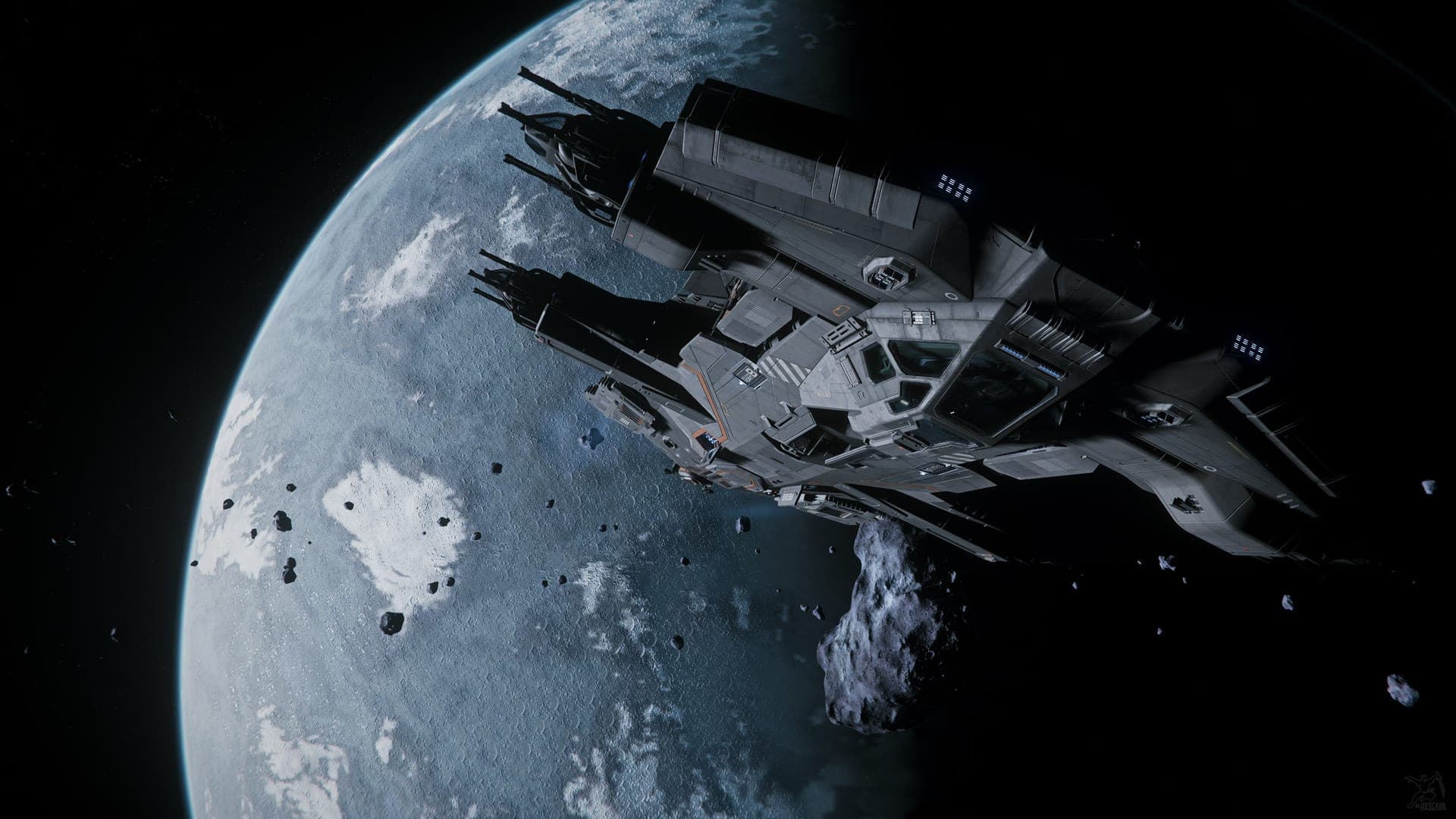 A Hammerhead gunship patrolling above a cratered moon