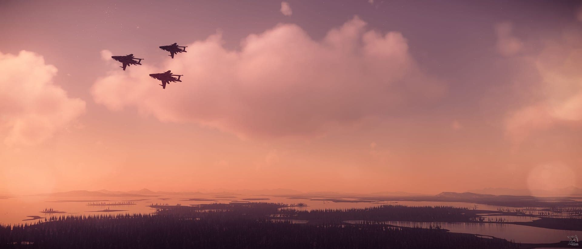 A formation of fighters over a lake at sunset