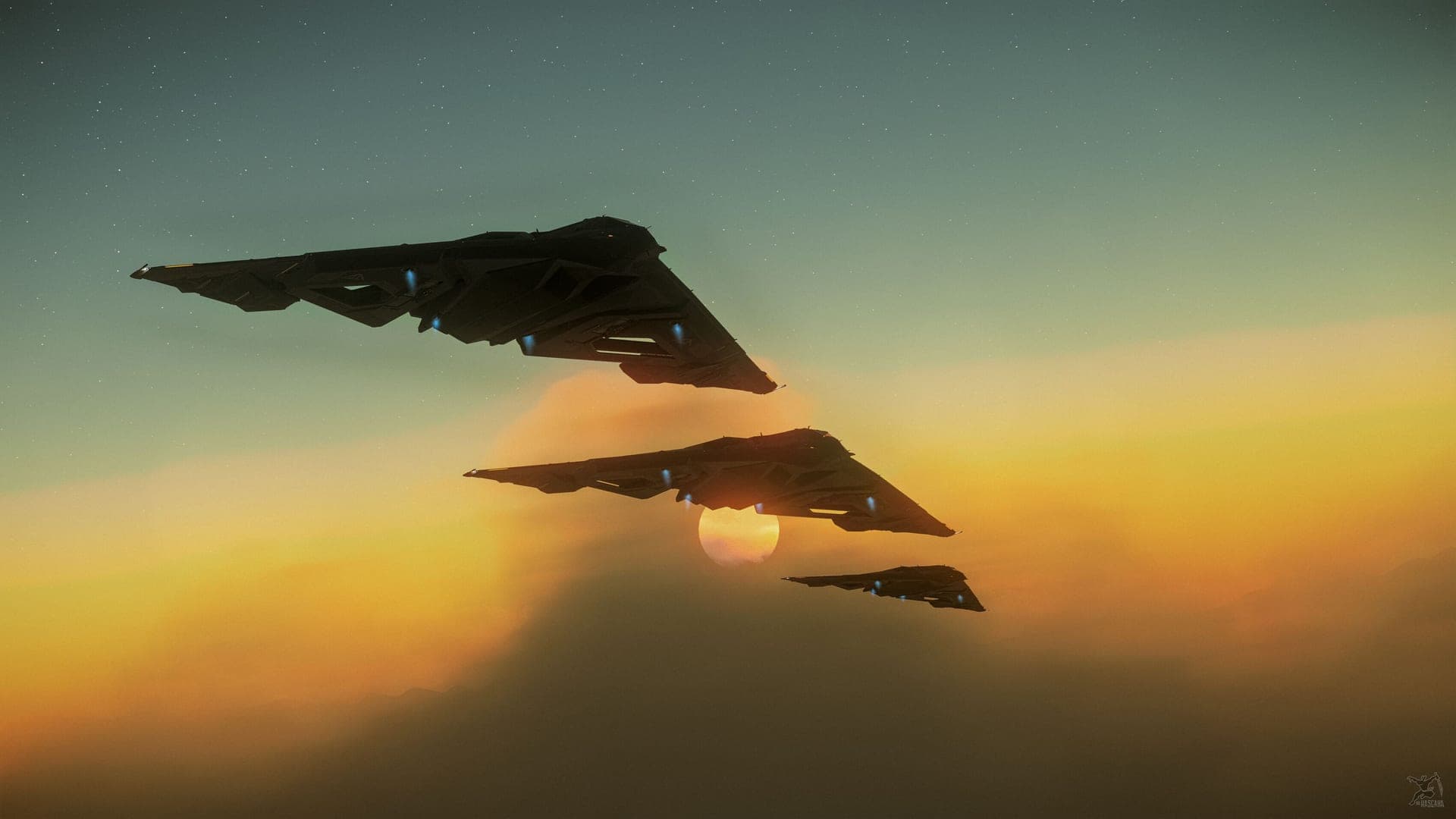 Two bombers flying above golden sunset clouds