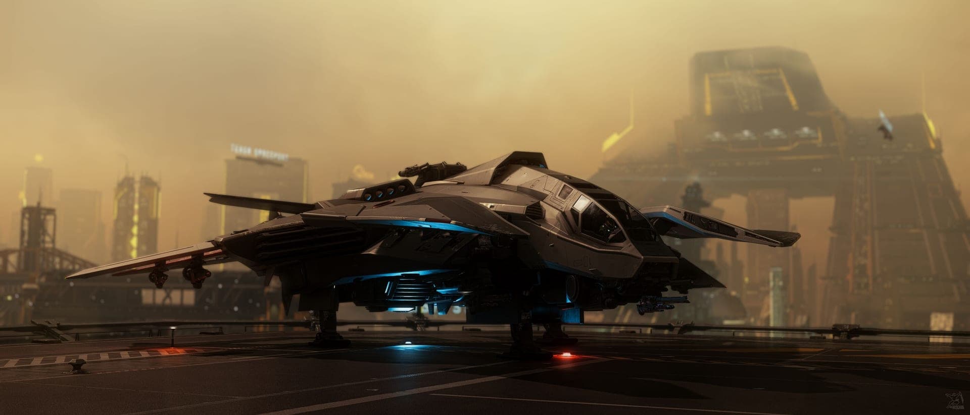 An F8C Lightning on a landing pad in a hazy city