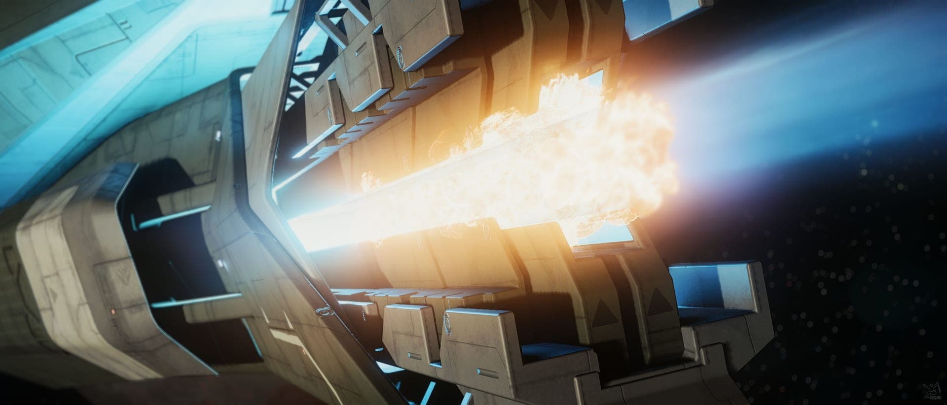 An Idris frigate firing its railgun in a bright flash