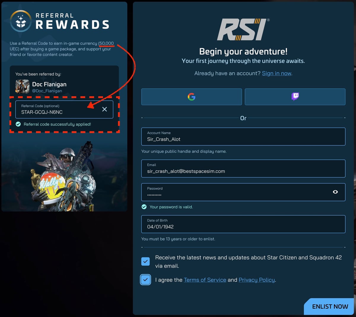 RSI signup form with the Referral Code field highlighted, showing code STAR-GCQJ-N6NC successfully applied
