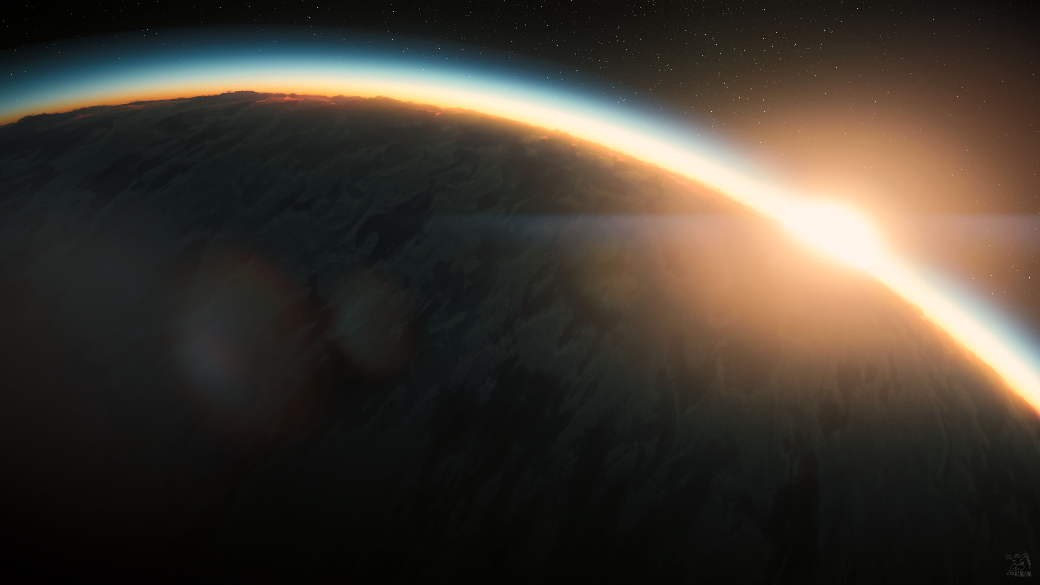 Sunrise over the gas giant Crusader seen from a ship in orbit — an in-game Star Citizen capture